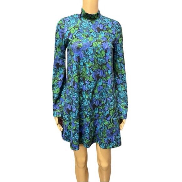 Zara Bell Sleeve Floral Mock Neck Stretch Trapeze Mini Dress Size S - Picture 1 of 9
